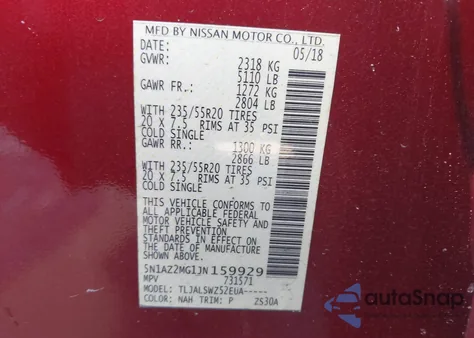 2018 Nissan Murano Platinum z USA, uszkodzony, nr VIN 5N1AZ2MG1JN159929